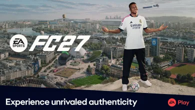 A footballer in an EA Sports FC 27 kit stands above a city skyline with a stadium and football pitch below.