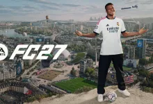 EA SPORTS FC 27 footballer standing above a city with football stadiums visible below
