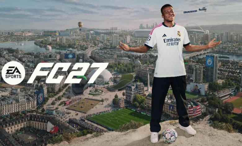 EA SPORTS FC 27 footballer standing above a city with football stadiums visible below