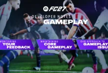 EA SPORTS FC 27 developer-notes graphic over football players, with panels for player feedback, core gameplay, and gameplay issues.