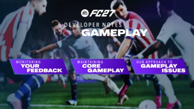 EA SPORTS FC 27 developer-notes graphic over football players, with panels for player feedback, core gameplay, and gameplay issues.