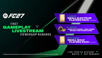 EA SPORTS FC 27 graphic showing gameplay livestream rewards for 15-minute and 60-minute watch times
