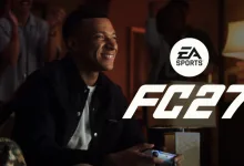 A smiling player holds a game controller while EA SPORTS FC 27 branding appears beside him