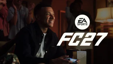 A smiling player holds a game controller while EA SPORTS FC 27 branding appears beside him