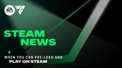 EA SPORTS FC 27 graphic announcing when players can preload and play on Steam
