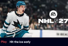 Hockey player in an EA SPORTS NHL 27 uniform skating on the ice beside EA Play and NHL 27 branding