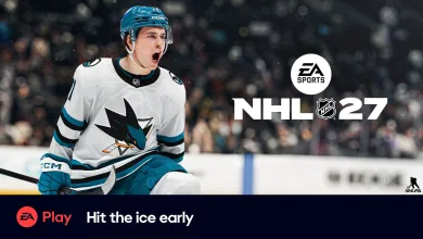 Hockey player in an EA SPORTS NHL 27 uniform skating on the ice beside EA Play and NHL 27 branding