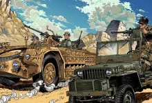 Enlisted artwork showing soldiers riding in two armed off-road vehicles across a desert landscape
