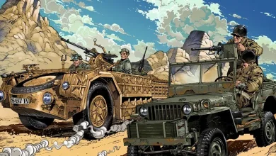 Enlisted artwork showing soldiers riding in two armed off-road vehicles across a desert landscape