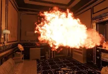 A large fireball erupts inside a furnished room in Enlisted.
