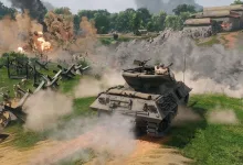 An Enlisted tank advances through smoke and explosions on a battlefield