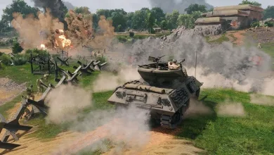 An Enlisted tank advances through smoke and explosions on a battlefield