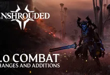 A heavily armored Enshrouded character with a glowing blue weapon stands in a red, fog-shrouded landscape.
