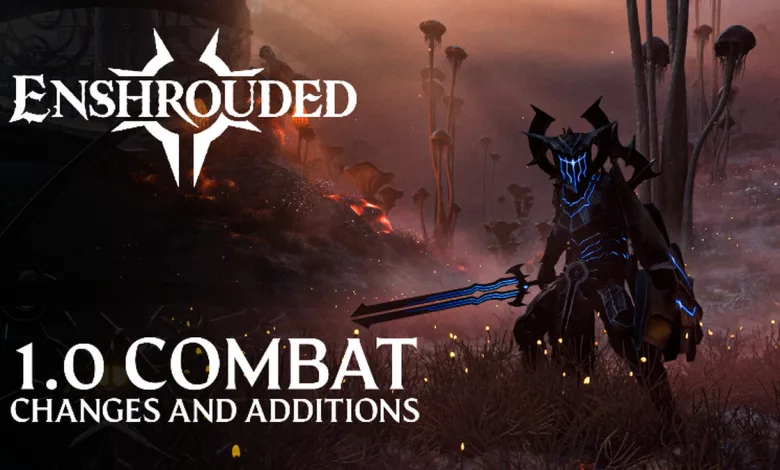 A heavily armored Enshrouded character with a glowing blue weapon stands in a red, fog-shrouded landscape.