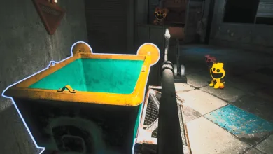 Gameplay shows a small yellow toy character beside a large outlined container in a dim factory interior.