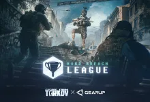 Promotional artwork shows three armored Escape from Tarkov characters in a city street with Kord Breach League and GearUP branding.