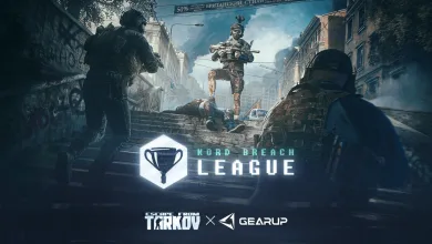 Promotional artwork shows three armored Escape from Tarkov characters in a city street with Kord Breach League and GearUP branding.