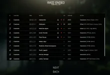 Escape from Tarkov Raid Ended screen showing a Customs kill list with player names, factions, times, and status icons.