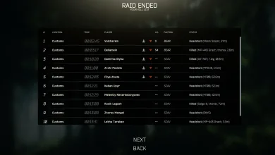 Escape from Tarkov Raid Ended screen showing a Customs kill list with player names, factions, times, and status icons.