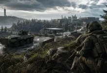 A geared soldier overlooks a BTR-style armored vehicle and industrial Water Treatment Plant on Lighthouse.