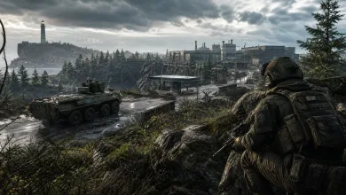 A geared soldier overlooks a BTR-style armored vehicle and industrial Water Treatment Plant on Lighthouse.
