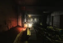 First-person Escape from Tarkov gameplay showing a player aiming down a dark industrial tunnel