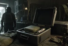 An open rugged storage case holding tactical gear, with additional military equipment in a dim Escape from Tarkov scene.