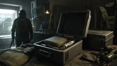 An open rugged storage case holding tactical gear, with additional military equipment in a dim Escape from Tarkov scene.