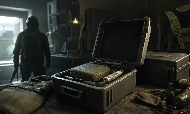 An open rugged storage case holding tactical gear, with additional military equipment in a dim Escape from Tarkov scene.