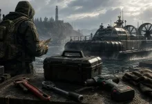 A Tarkov-style soldier stands beside an equipment case and repair tools as a large hovercraft approaches a lighthouse across the water.