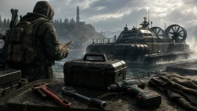 A Tarkov-style soldier stands beside an equipment case and repair tools as a large hovercraft approaches a lighthouse across the water.