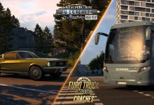Promotional game artwork shows a yellow car beside a coach bus on a road, with Euro Truck Simulator 2 and American Truck Simulator branding.