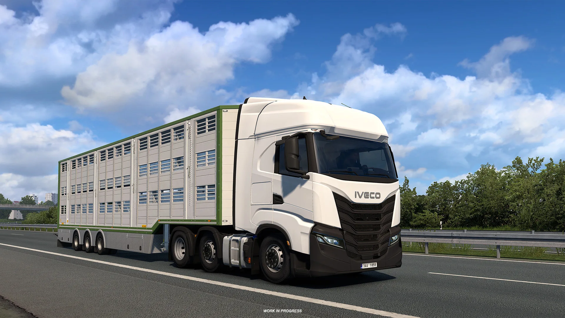 Euro Truck Simulator 2 livestock trailer behind an Iveco truck on a highway