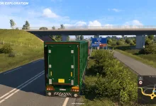 A green trailer truck drives beneath a motorway interchange in Euro Truck Simulator 2 with the Proximity Exploration map overlay visible