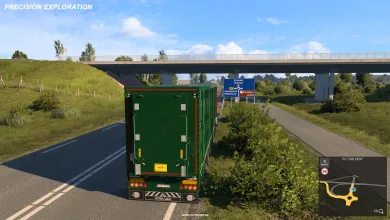 A green trailer truck drives beneath a motorway interchange in Euro Truck Simulator 2 with the Proximity Exploration map overlay visible
