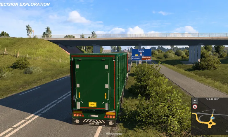 A green trailer truck drives beneath a motorway interchange in Euro Truck Simulator 2 with the Proximity Exploration map overlay visible