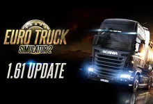 Euro Truck Simulator 2 Update 1.61 artwork showing a Scania truck and trailer against a dark background