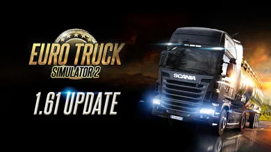 Euro Truck Simulator 2 Update 1.61 artwork showing a Scania truck and trailer against a dark background