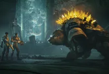 Two armed Exodus characters face a large armored bear inside a futuristic station.