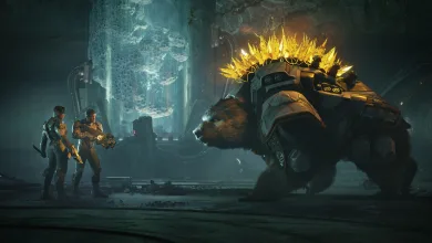 Two armed Exodus characters face a large armored bear inside a futuristic station.