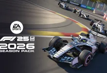 F1 25 2026 Season Pack artwork showing a modern Formula 1 car leading a group of cars on track