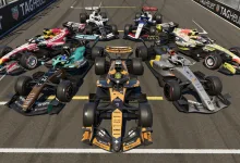 Multiple F1 25 Formula 1 cars with different liveries lined up on a racetrack