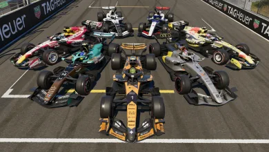 Multiple F1 25 Formula 1 cars with different liveries lined up on a racetrack