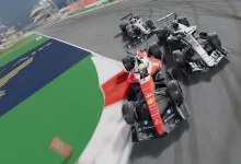 Several F1 25 cars race closely together through a circuit corner