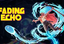 Fading Echo artwork showing a young character leaping through a ring of swirling water with a water-shaped projectile nearby.