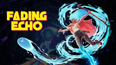 Fading Echo artwork showing a young character leaping through a ring of swirling water with a water-shaped projectile nearby.