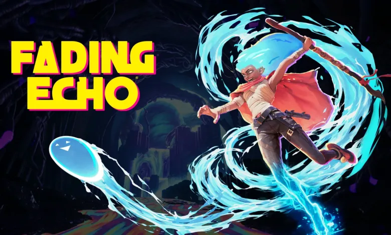 Fading Echo artwork showing a young character leaping through a ring of swirling water with a water-shaped projectile nearby.