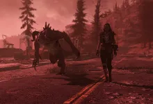 A hooded wastelander walks beside a large creature on a road in Fallout 76.