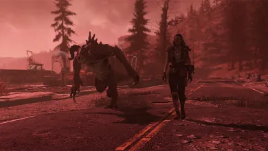 A hooded wastelander walks beside a large creature on a road in Fallout 76.