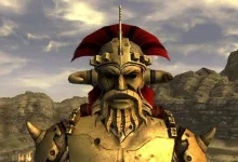 A Caesar's Legion warrior stands in a rocky Fallout: New Vegas landscape.